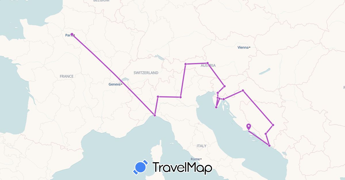 TravelMap itinerary: train in Austria, Bosnia and Herzegovina, France, Croatia, Italy, Slovenia (Europe)