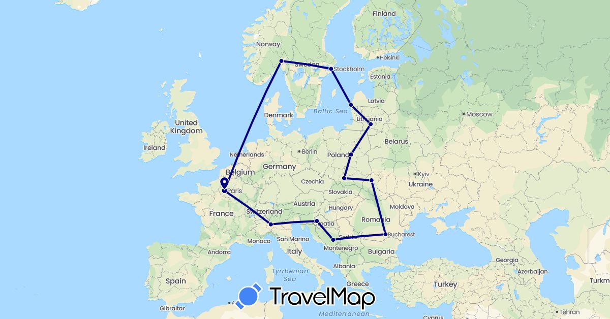 TravelMap itinerary: driving in Bosnia and Herzegovina, France, Croatia, Italy, Lithuania, Latvia, Norway, Poland, Romania, Sweden, Ukraine (Europe)